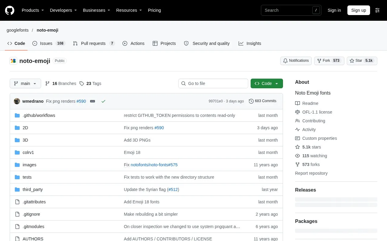 Screenshot of the Noto Emoji homepage