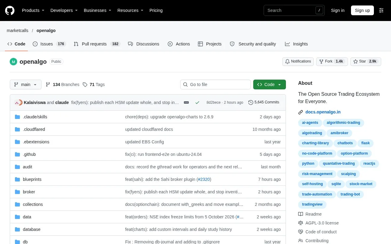 Screenshot of the OpenAlgo homepage