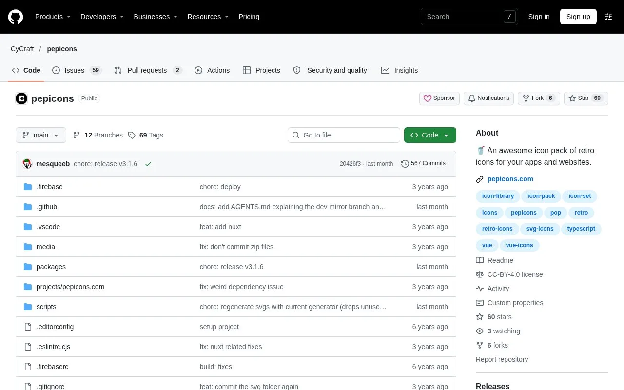 Screenshot of the Pepicons homepage
