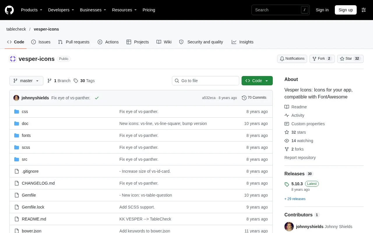 Screenshot of the Vesper Icons homepage