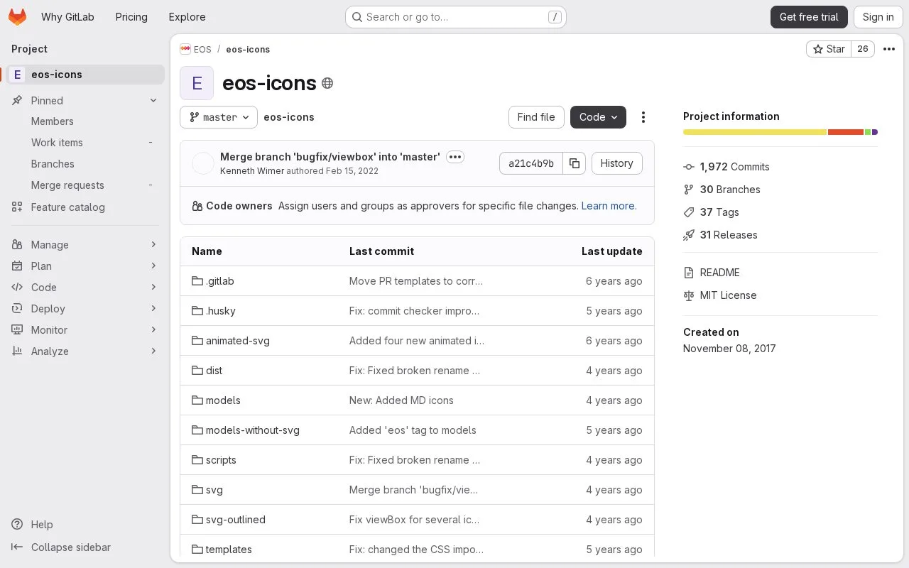 Screenshot of the EOS Icons homepage