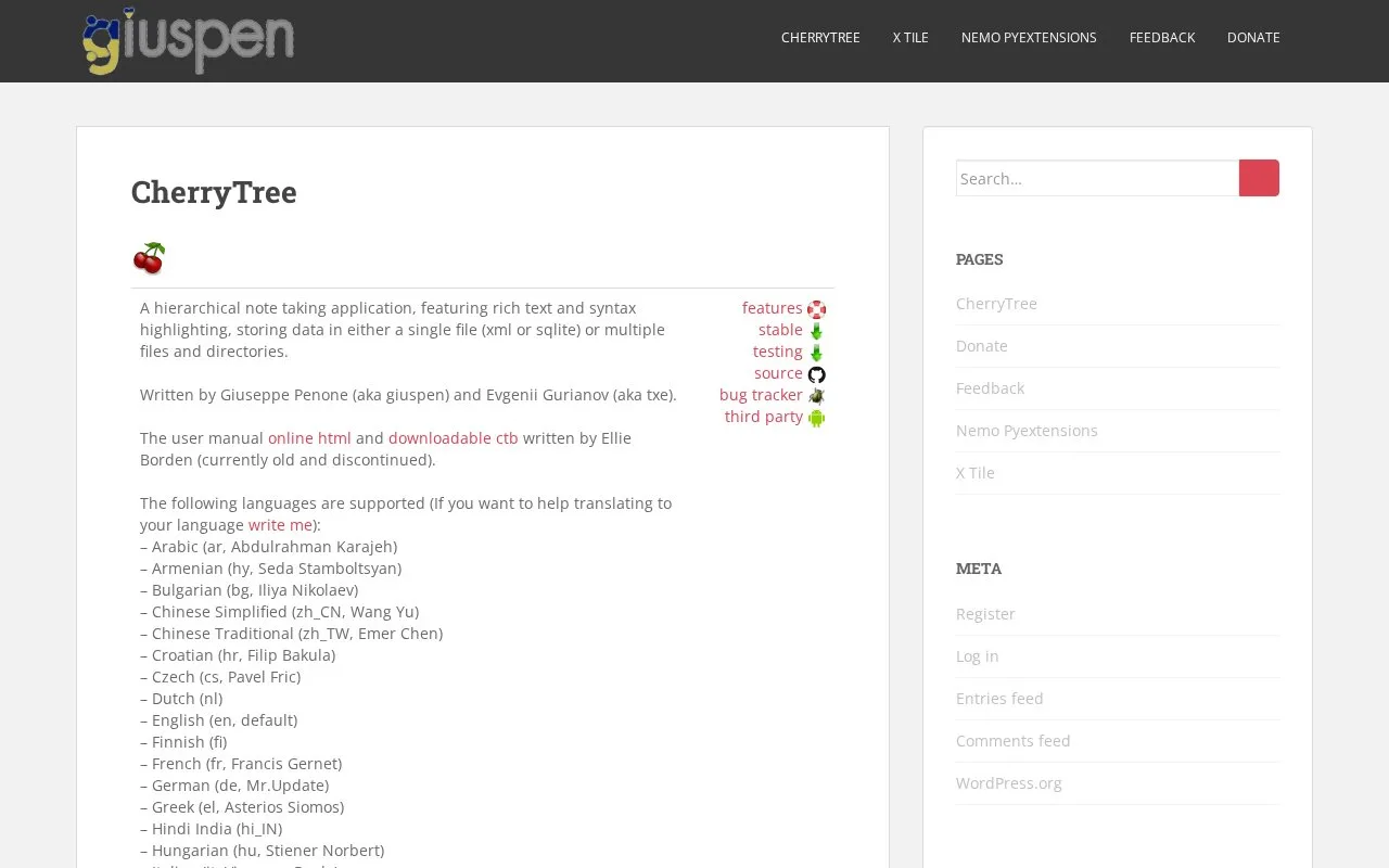Screenshot of the CherryTree homepage