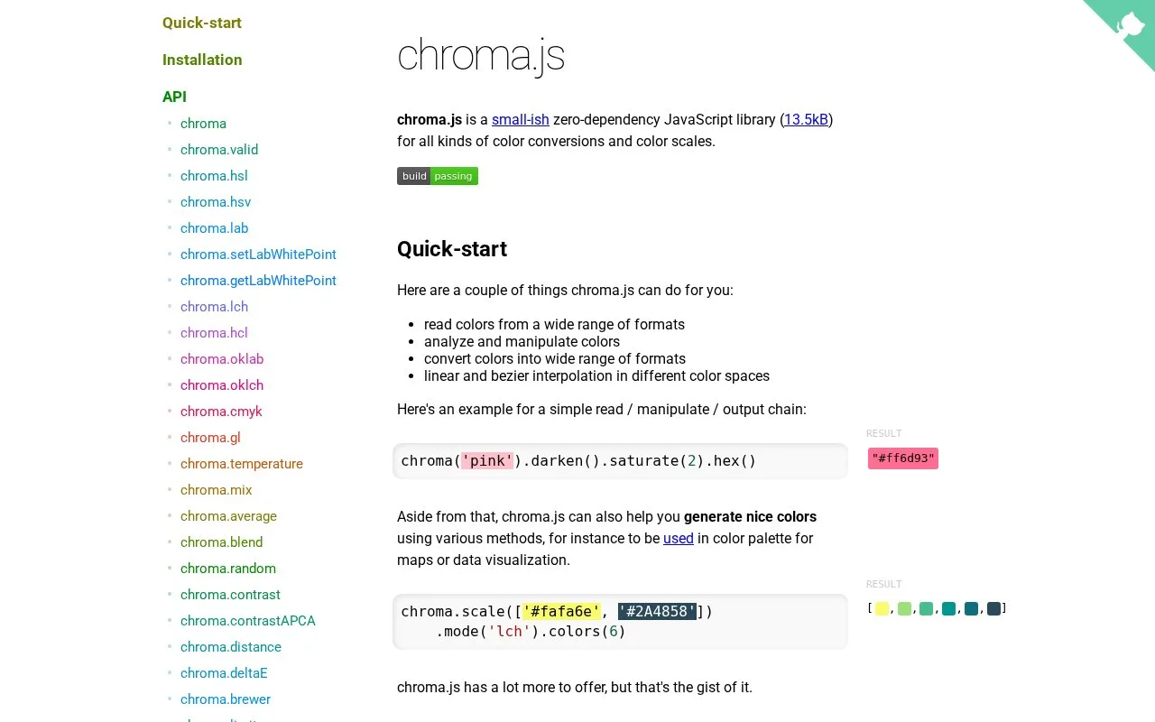 Screenshot of the chroma.js homepage