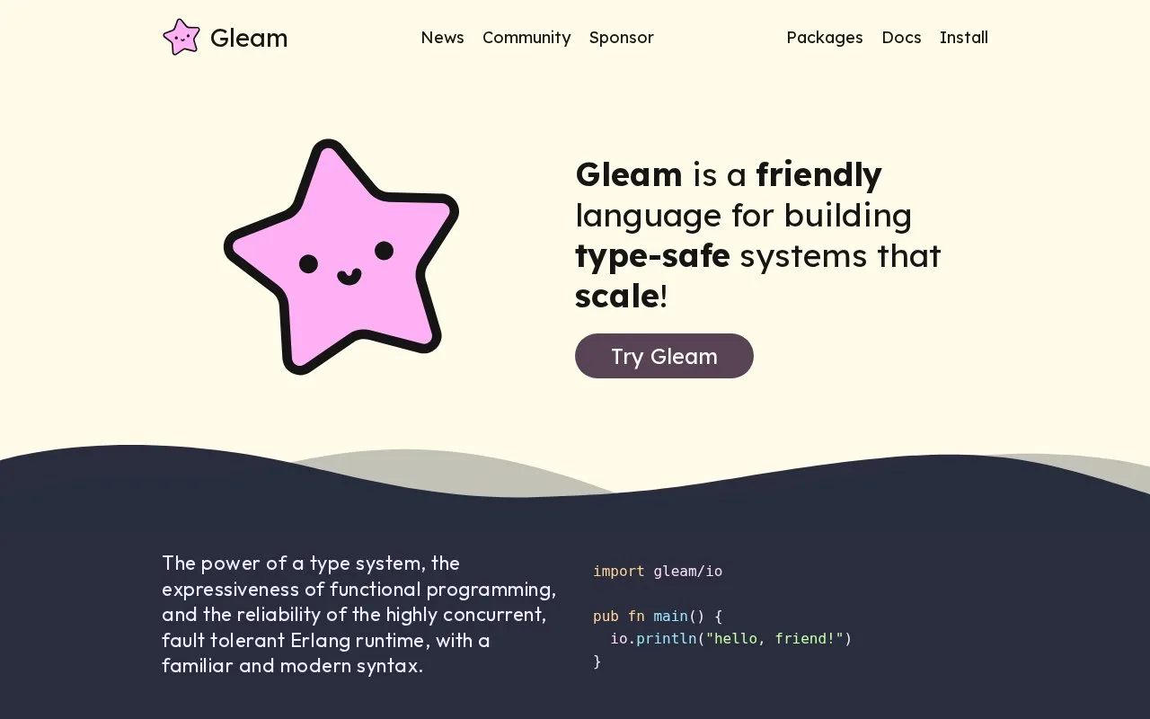 Screenshot of the Gleam homepage