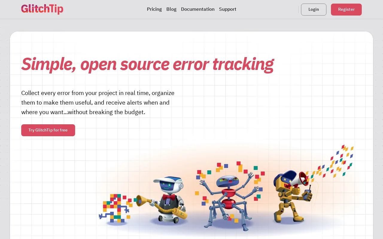 Screenshot of the GlitchTip homepage