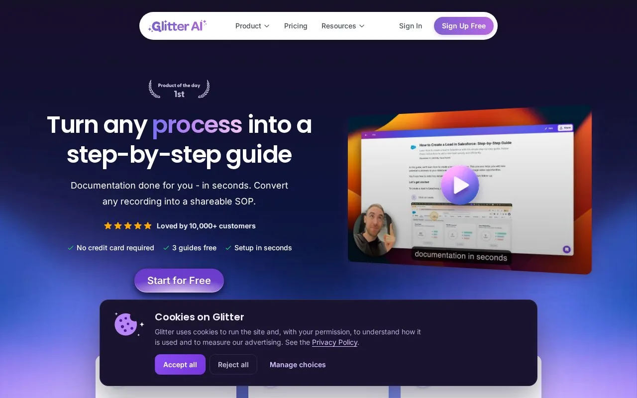 Screenshot of the Glitter AI homepage