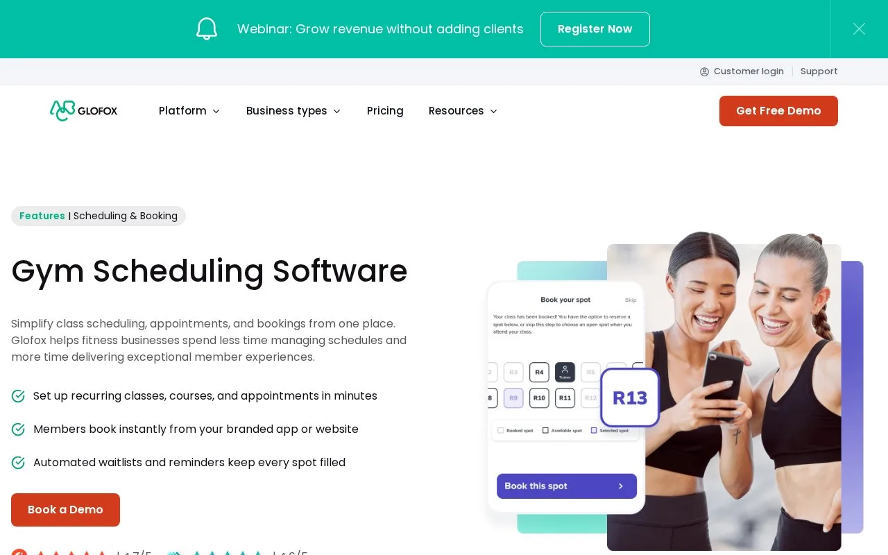 Screenshot of the Glofox homepage