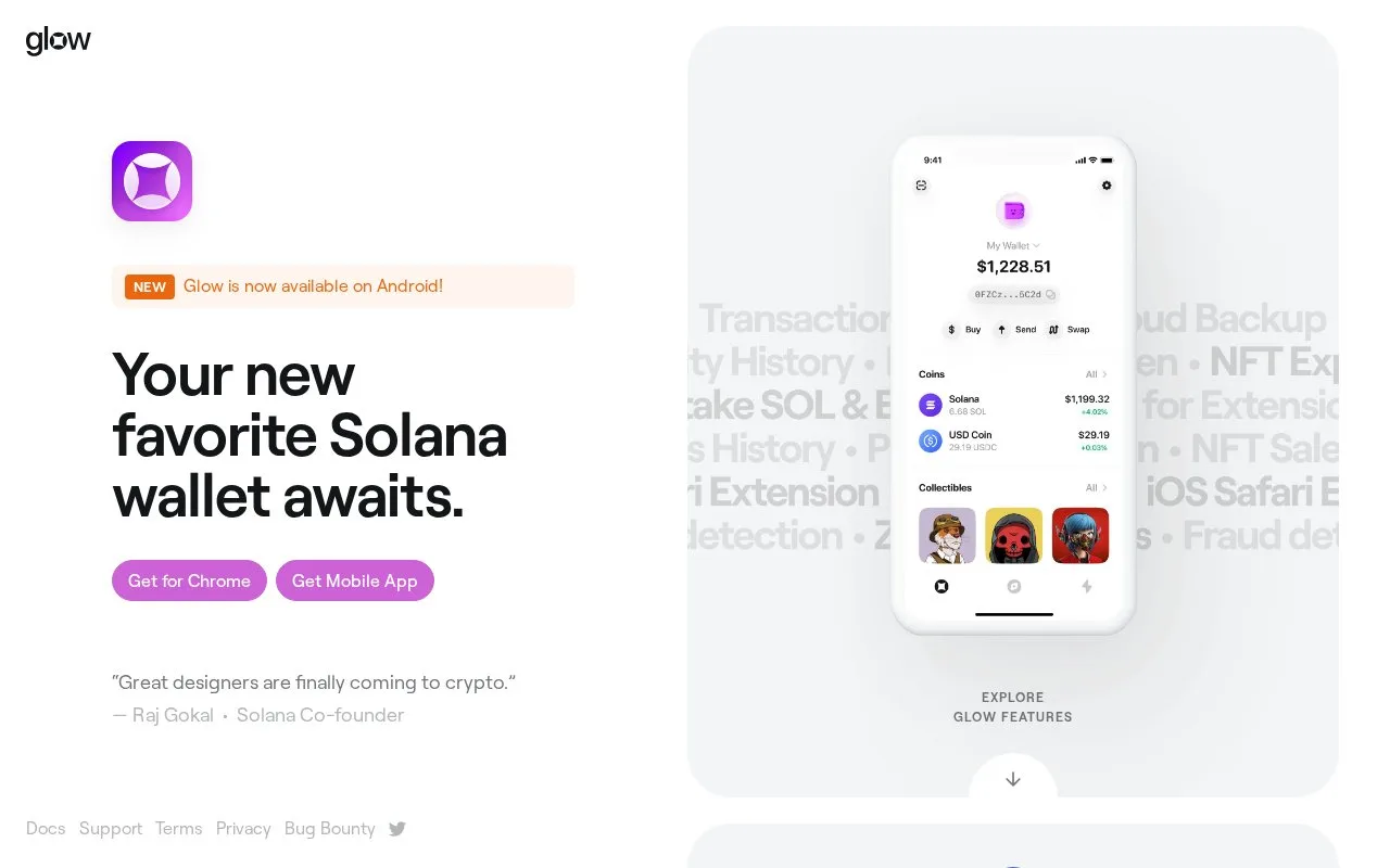 Screenshot of the Glow Wallet homepage