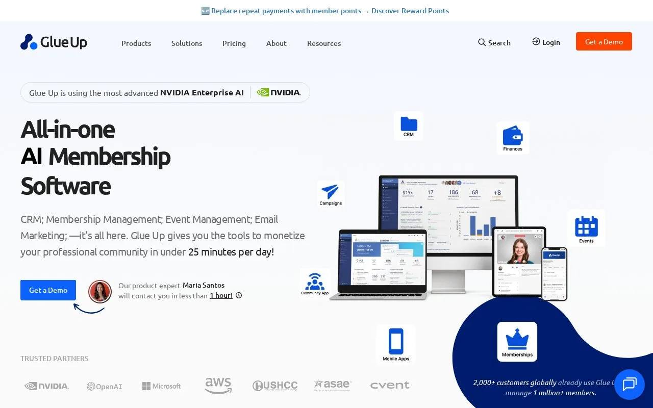 Screenshot of the Glue Up homepage