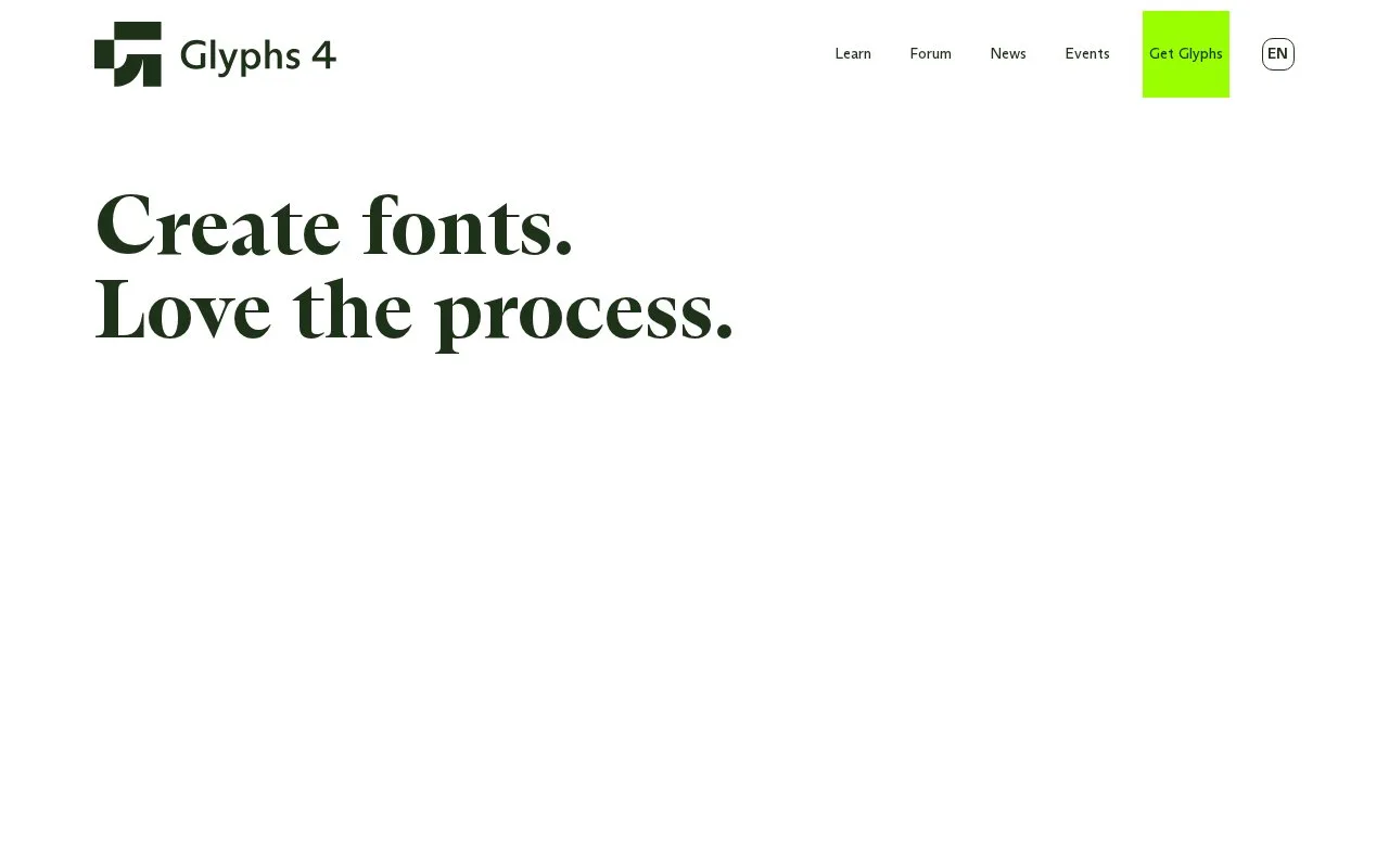 Screenshot of the Glyphs homepage