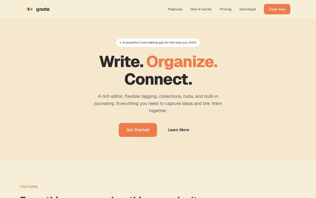 Screenshot of the GNote homepage