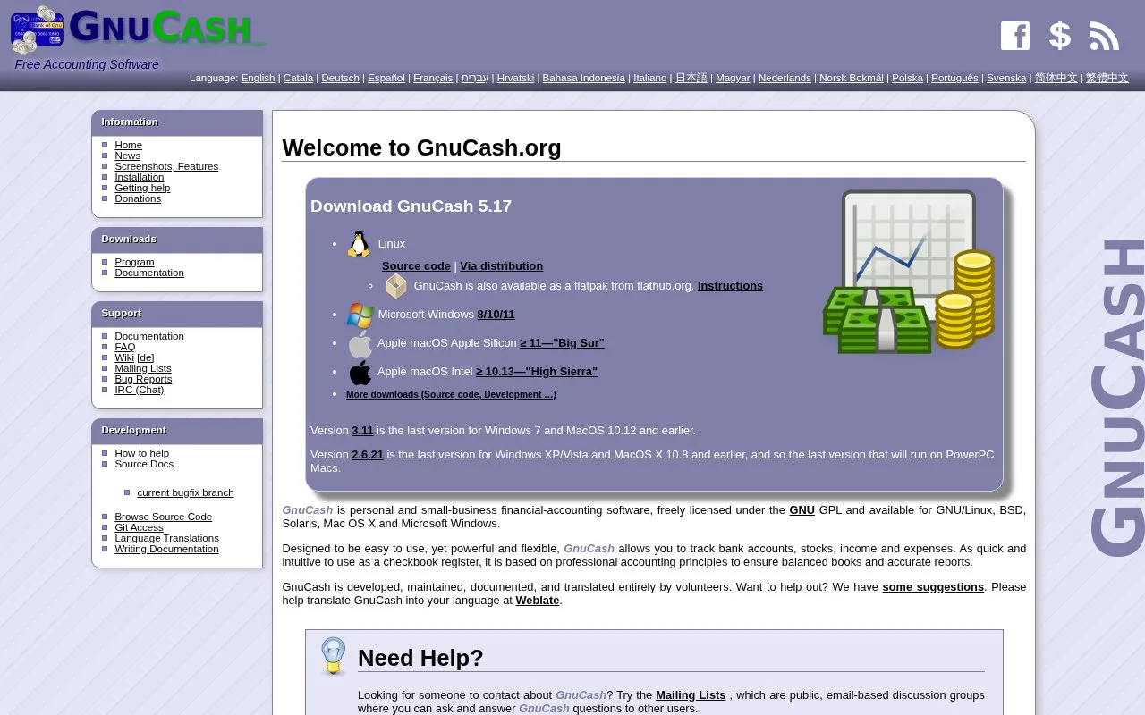 Screenshot of the GnuCash homepage