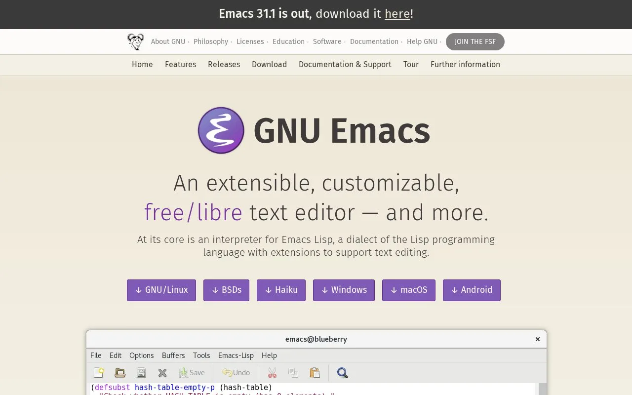 Screenshot of the GNU Emacs homepage