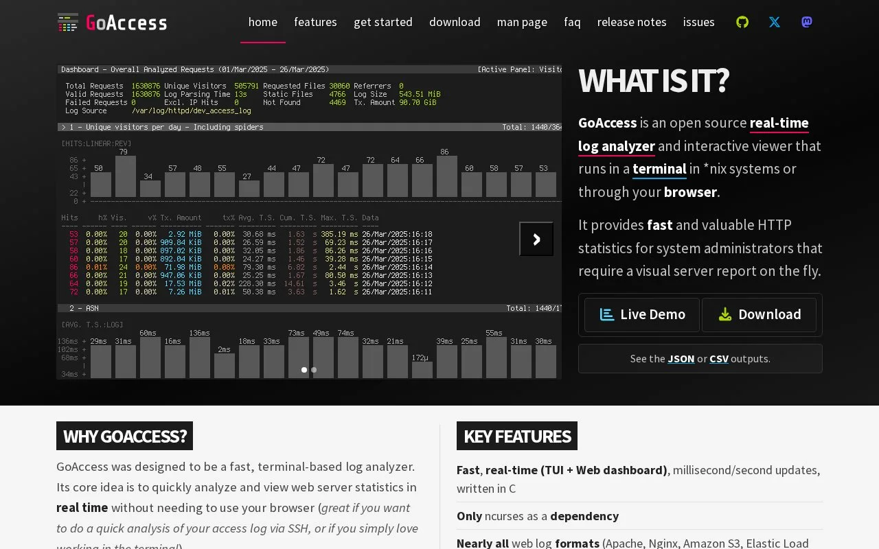Screenshot of the GoAccess homepage