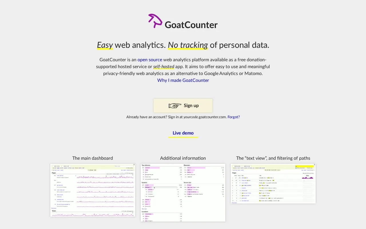 Screenshot of the GoatCounter homepage