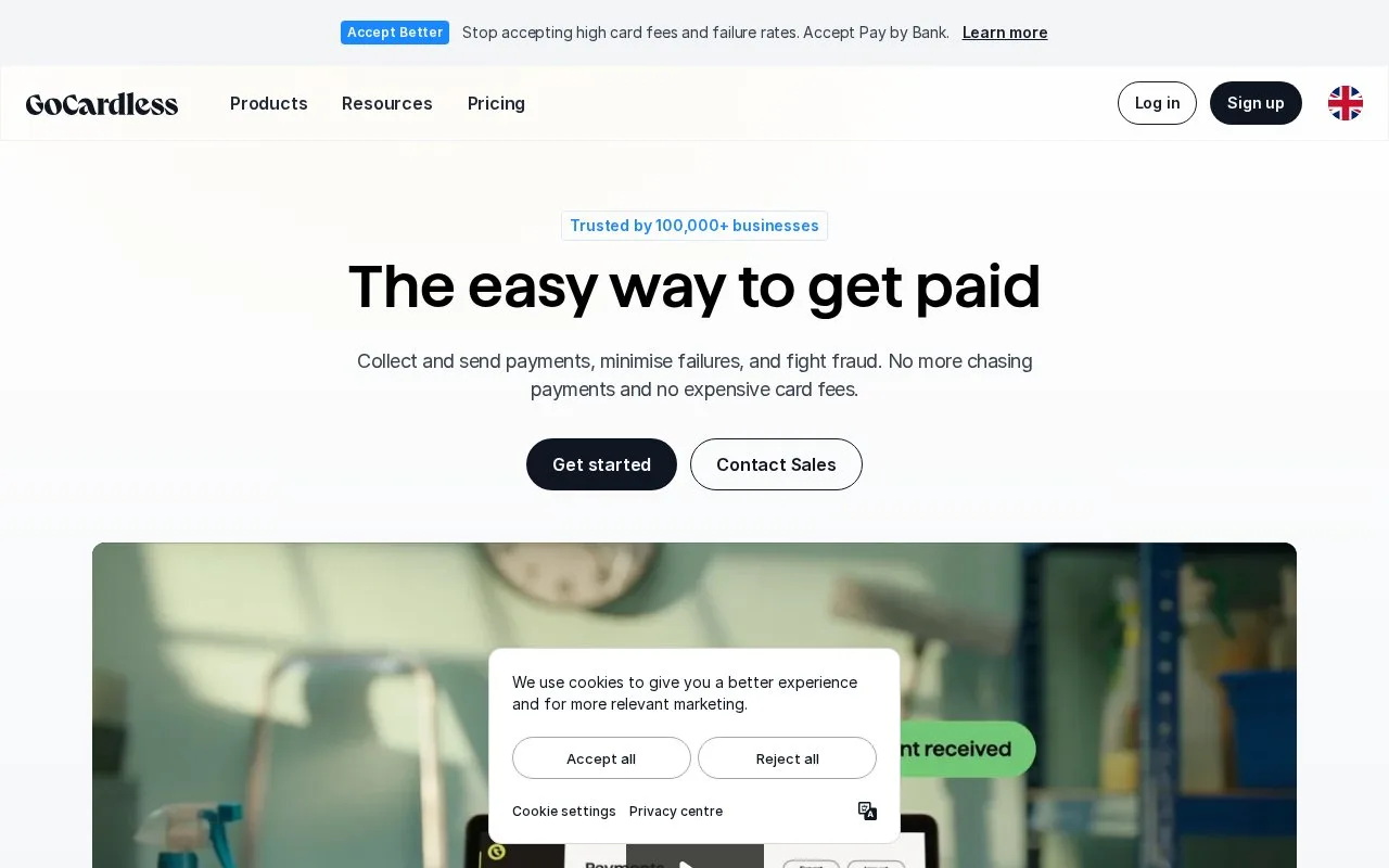 Screenshot of the GoCardless homepage