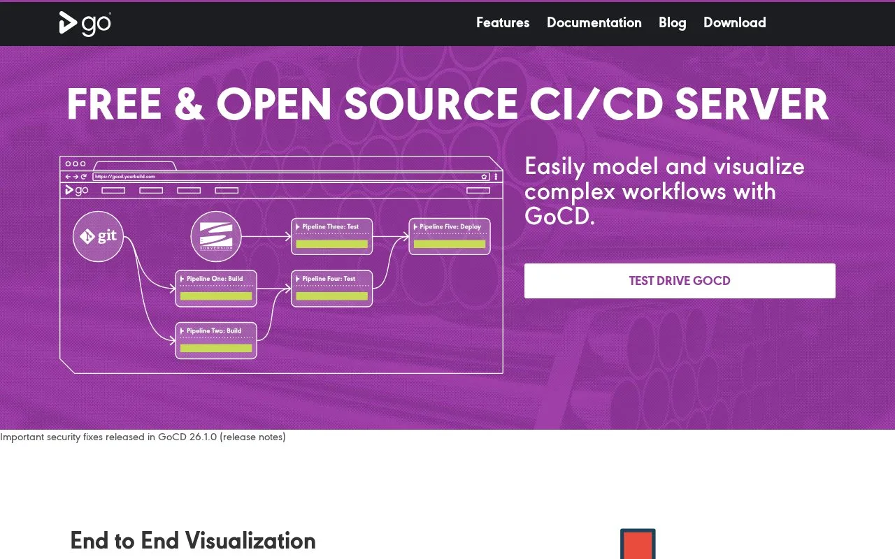 Screenshot of the GoCD homepage