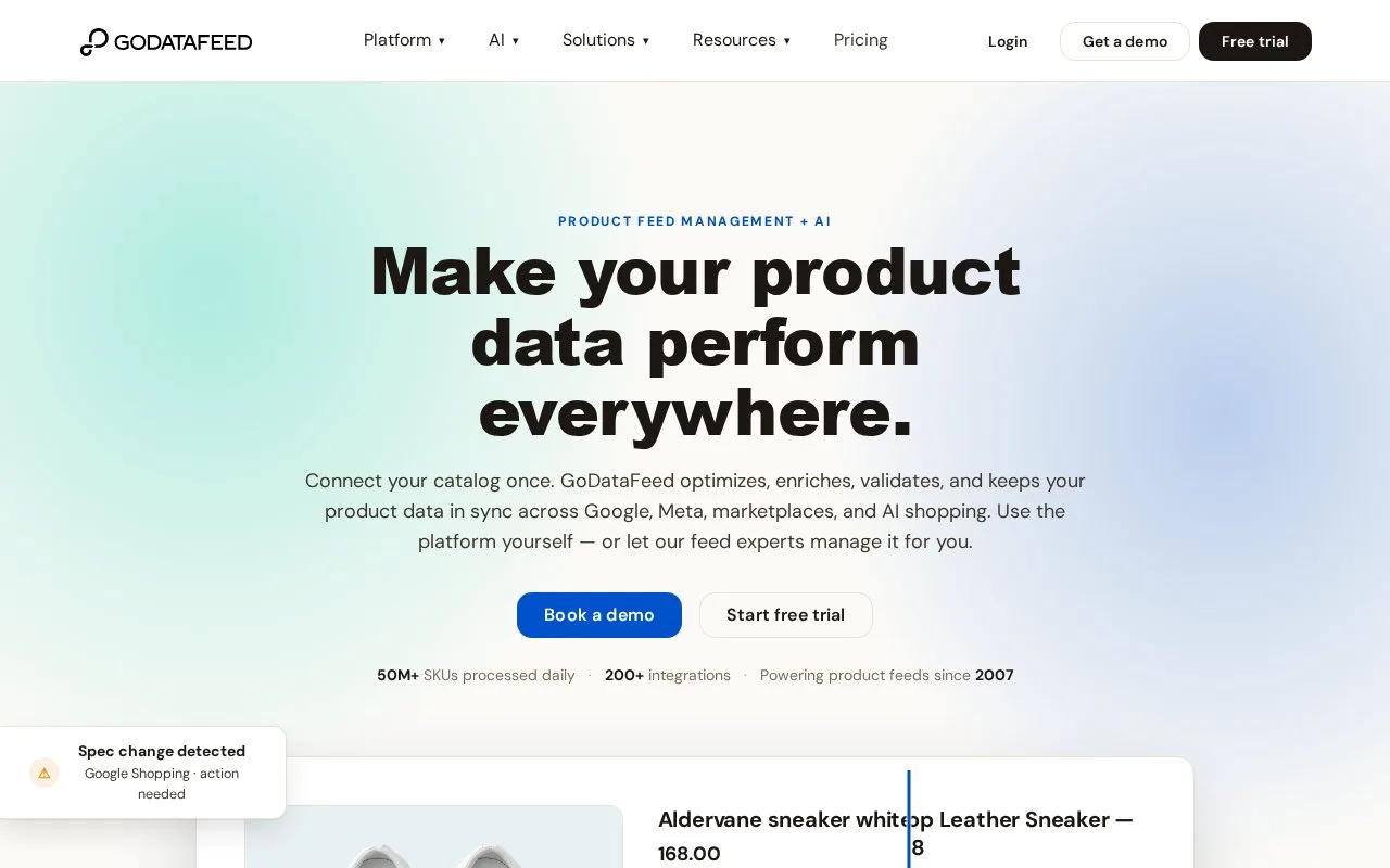 Screenshot of the GoDataFeed homepage