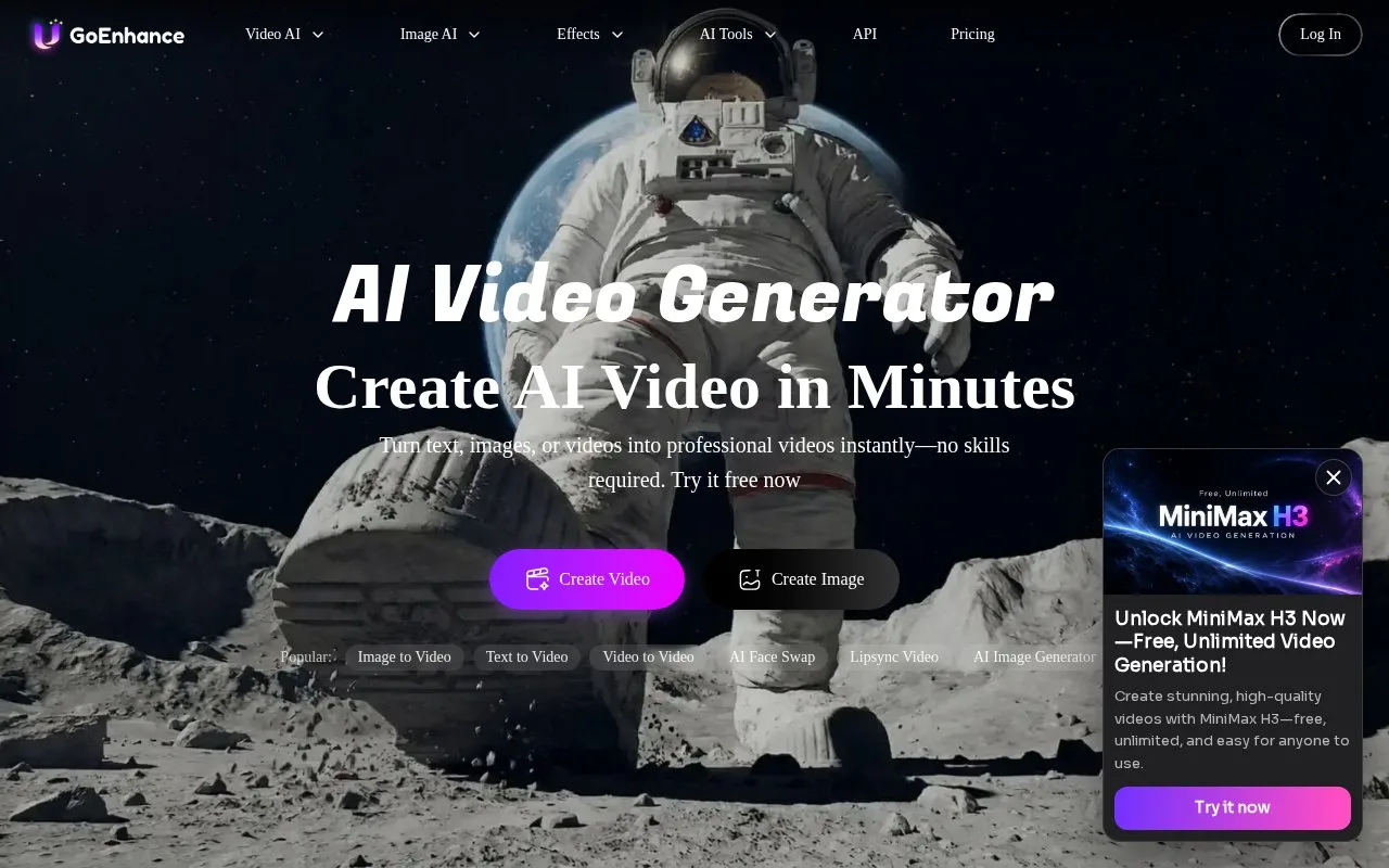 Screenshot of the GoEnhance AI homepage