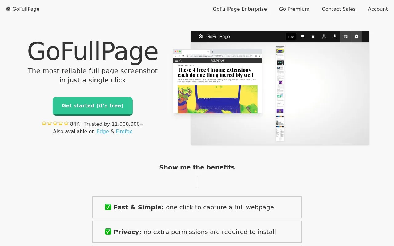 Screenshot of the GoFullPage homepage