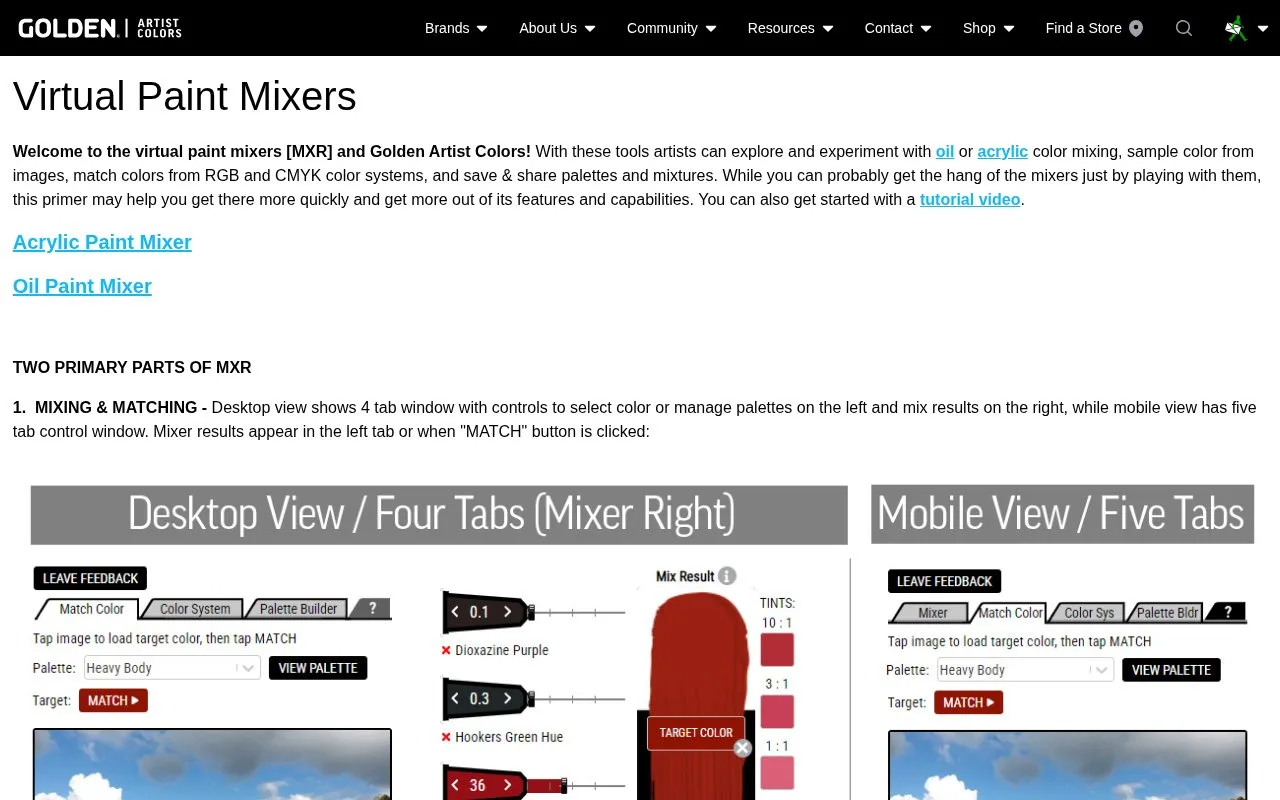 Screenshot of the GOLDEN Virtual Paint Mixers homepage