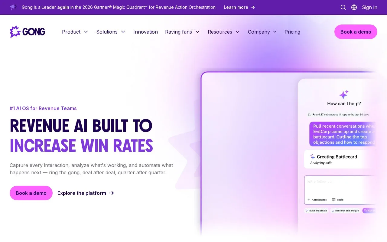 Screenshot of the Gong homepage