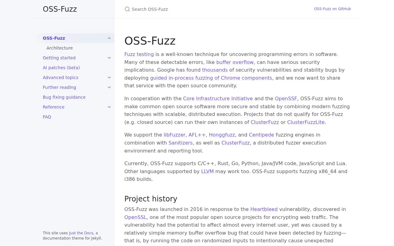 Screenshot of the OSS-Fuzz homepage