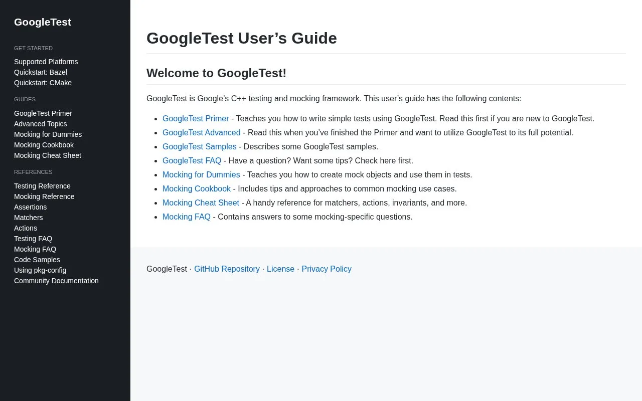 Screenshot of the GoogleTest homepage