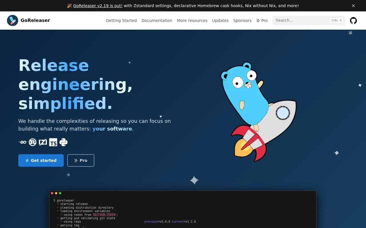Screenshot of the GoReleaser homepage