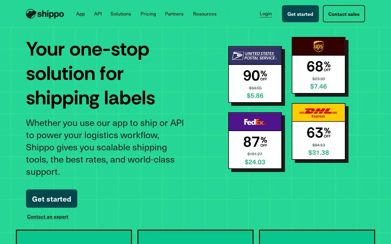 Screenshot of the Shippo homepage