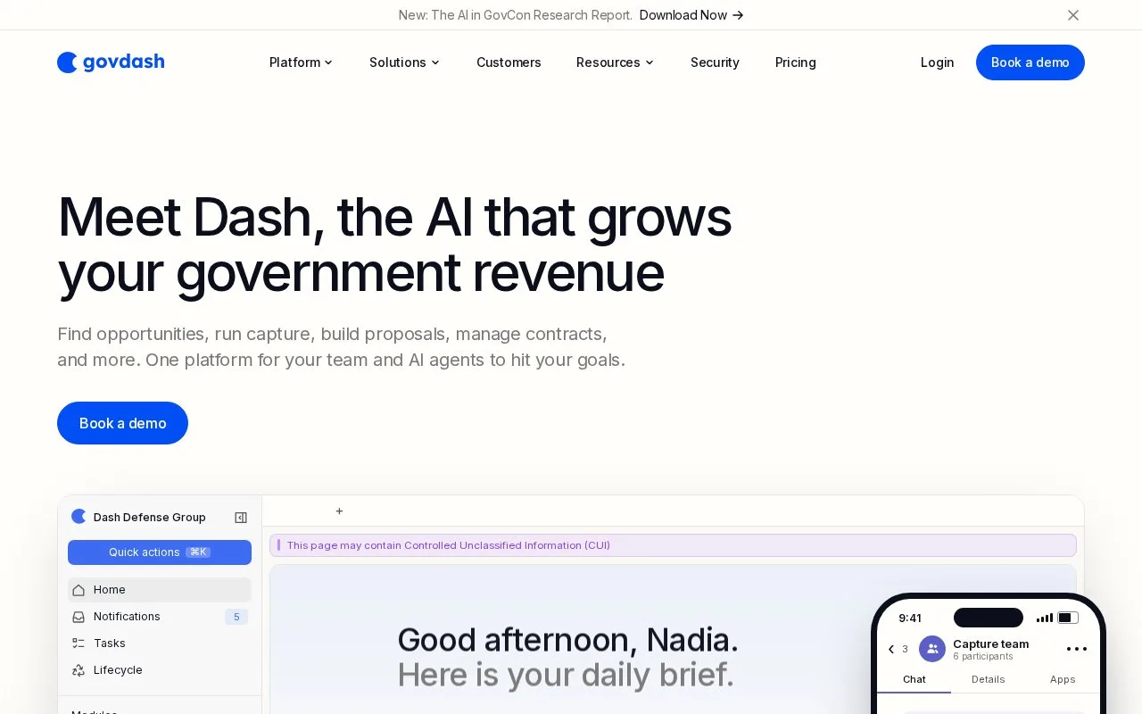 Screenshot of the GovDash homepage