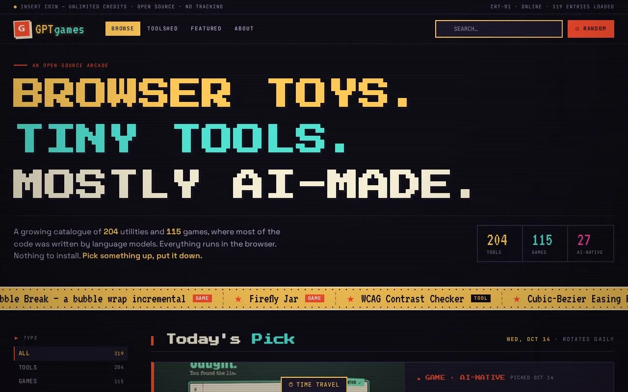 Screenshot of the GPTGames homepage