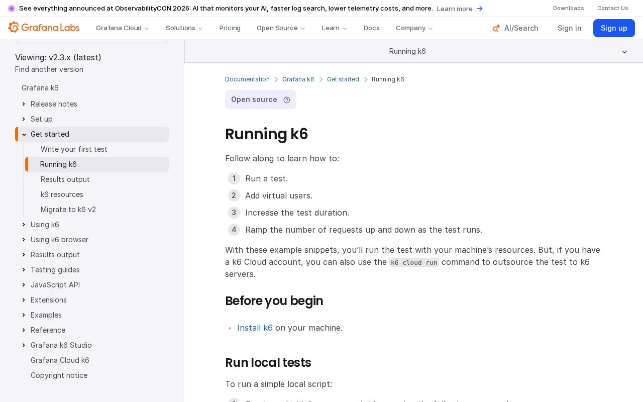 Screenshot of the Grafana k6 homepage