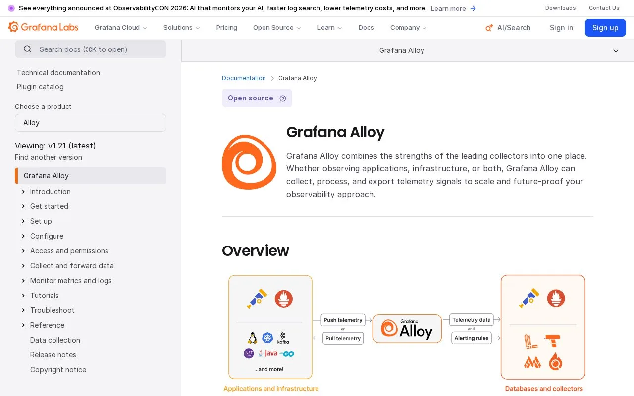 Screenshot of the Grafana Alloy homepage
