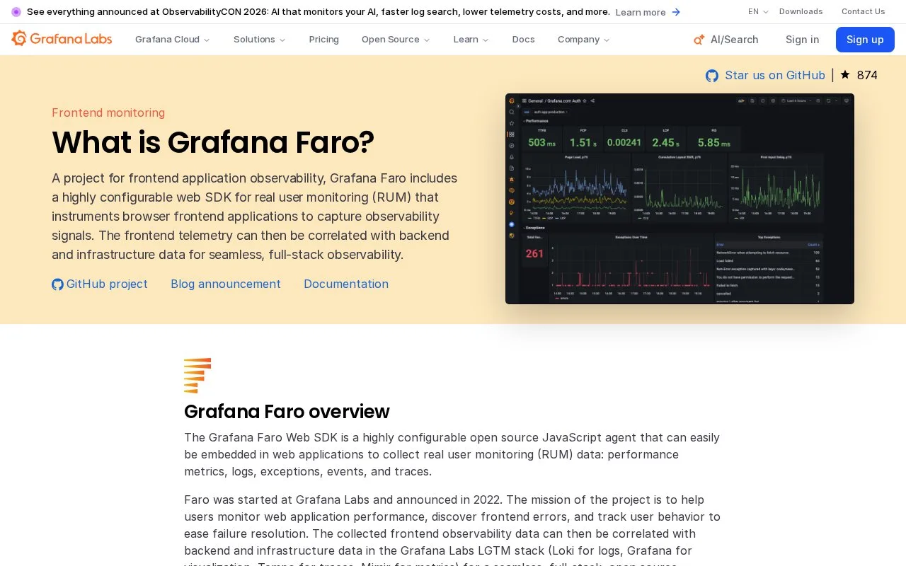 Screenshot of the Grafana Faro Web SDK homepage
