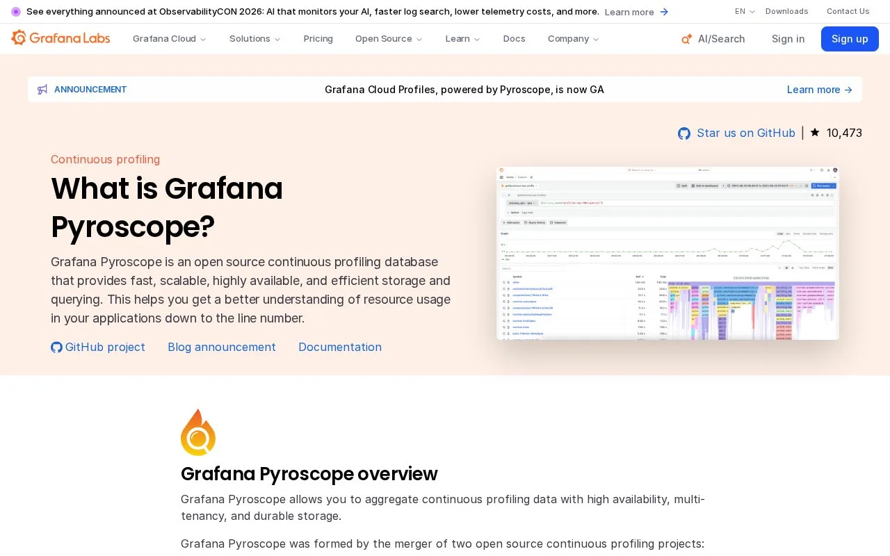 Screenshot of the Grafana Pyroscope homepage