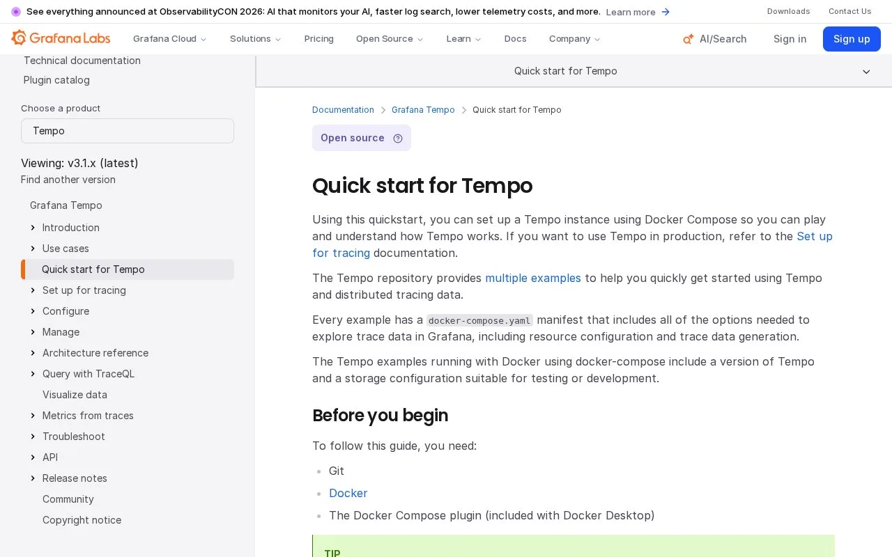 Screenshot of the Grafana Tempo homepage