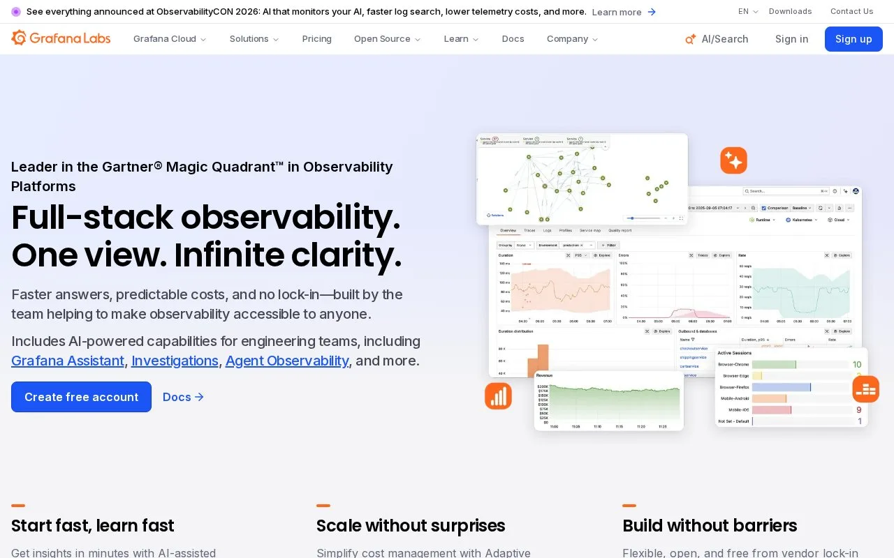 Screenshot of the Grafana Cloud homepage