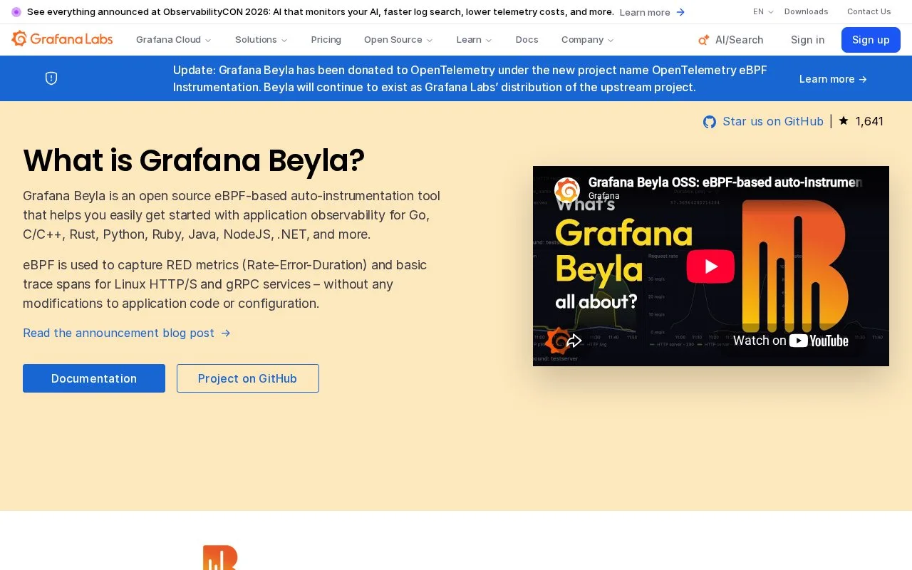 Screenshot of the Grafana Beyla homepage