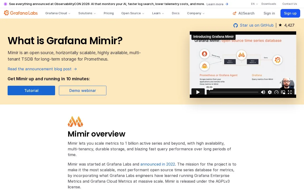 Screenshot of the Grafana Mimir homepage
