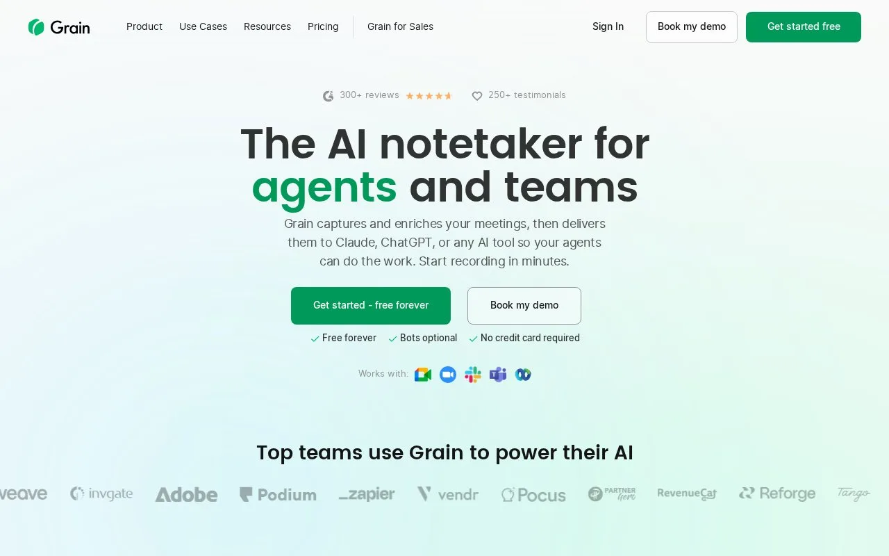 Screenshot of the Grain homepage
