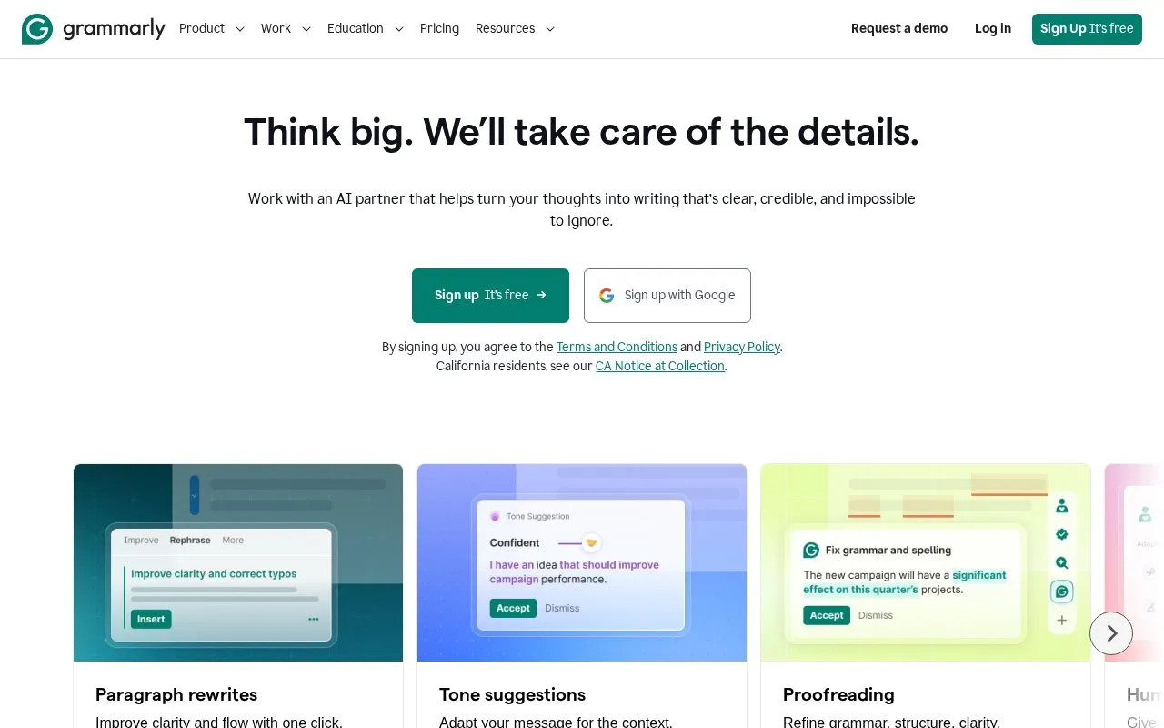 Screenshot of the Grammarly homepage