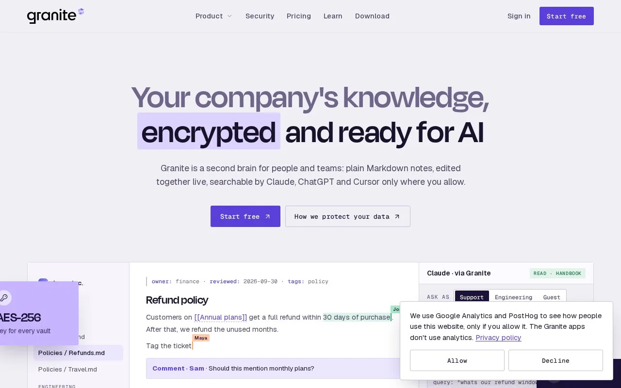 Screenshot of the Granite homepage