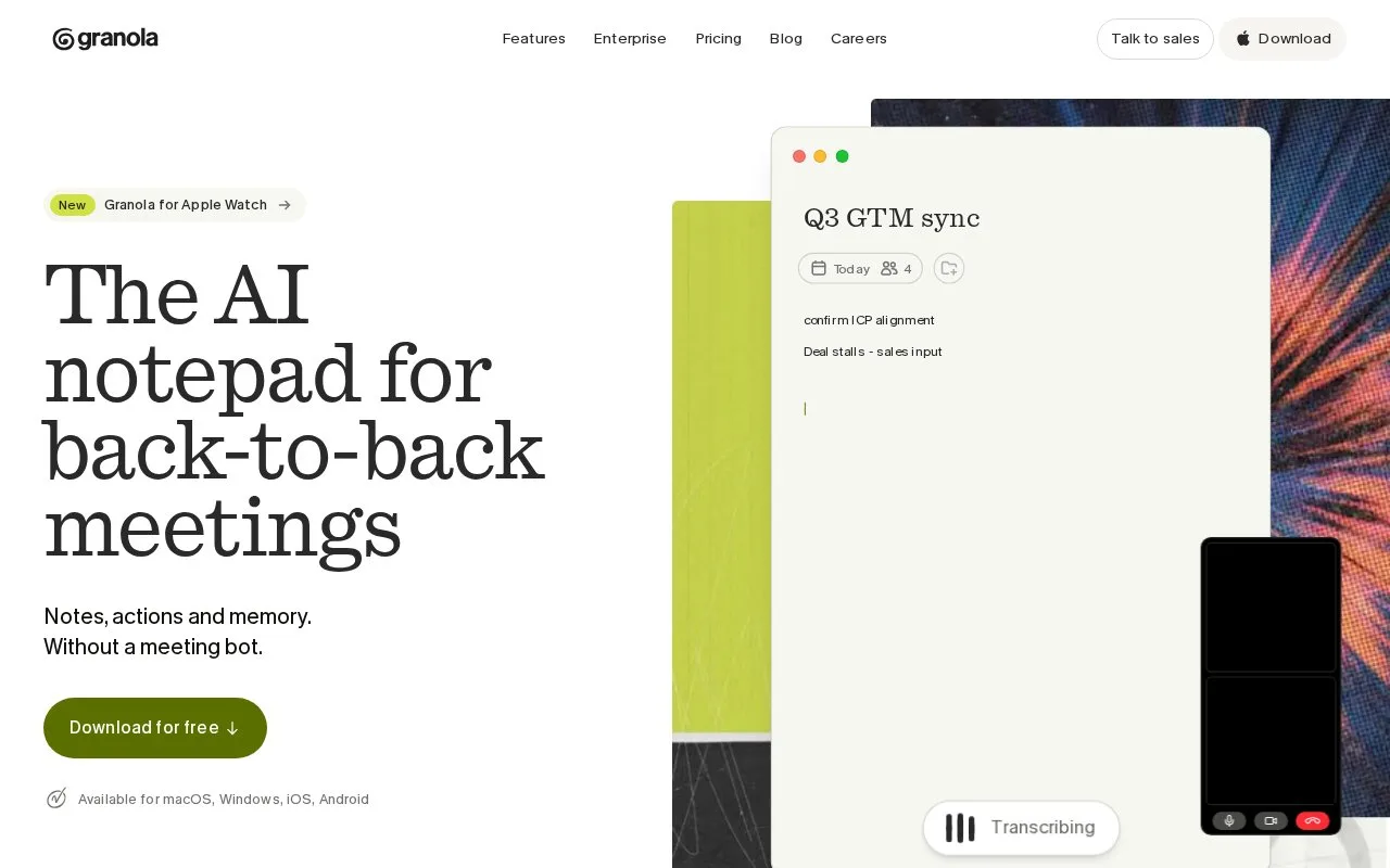 Screenshot of the Granola homepage