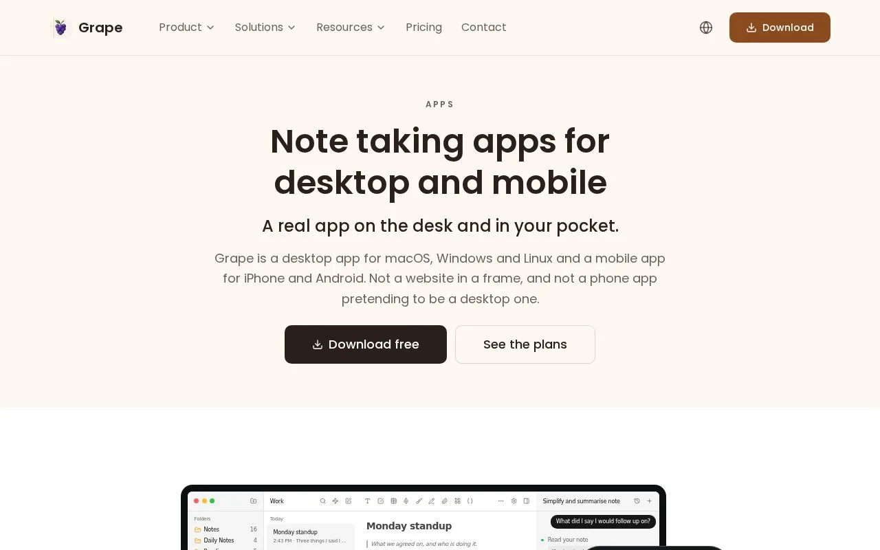 Screenshot of the Grape homepage