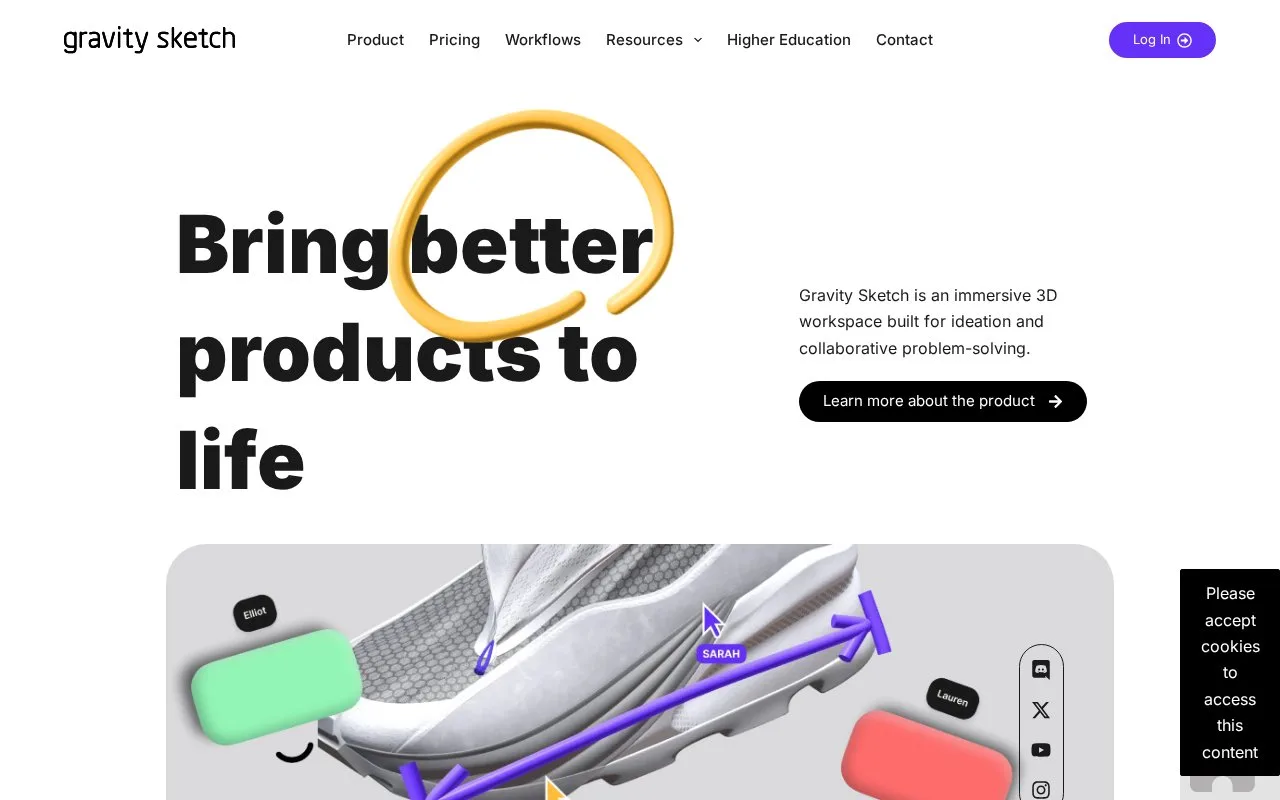 Screenshot of the Gravity Sketch homepage
