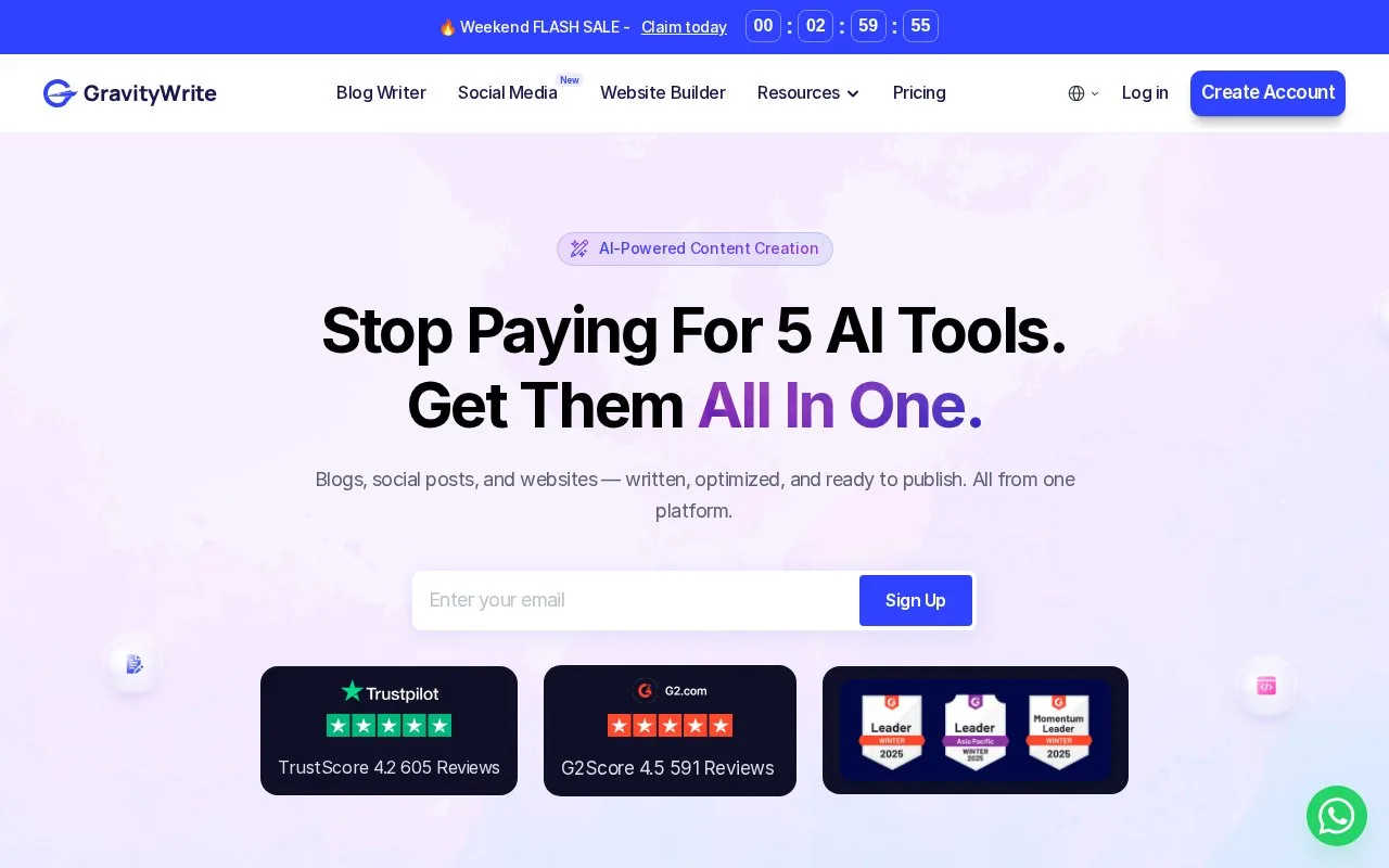 Screenshot of the GravityWrite homepage