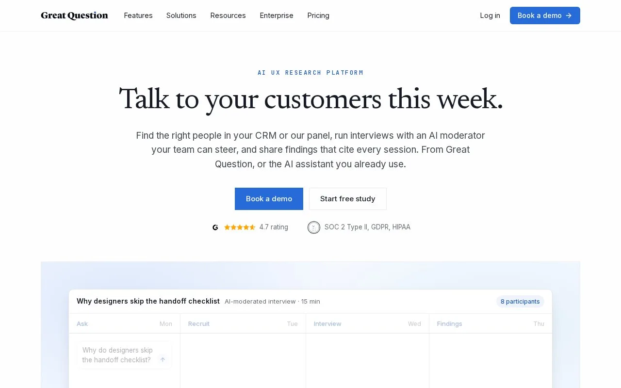 Screenshot of the Great Question homepage