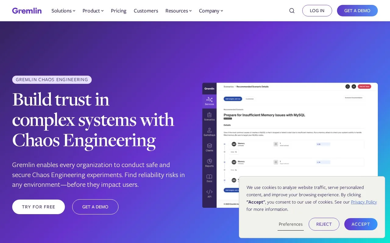 Screenshot of the Gremlin Chaos Engineering homepage