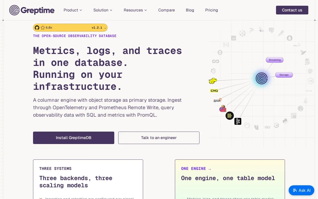 Screenshot of the GreptimeDB homepage